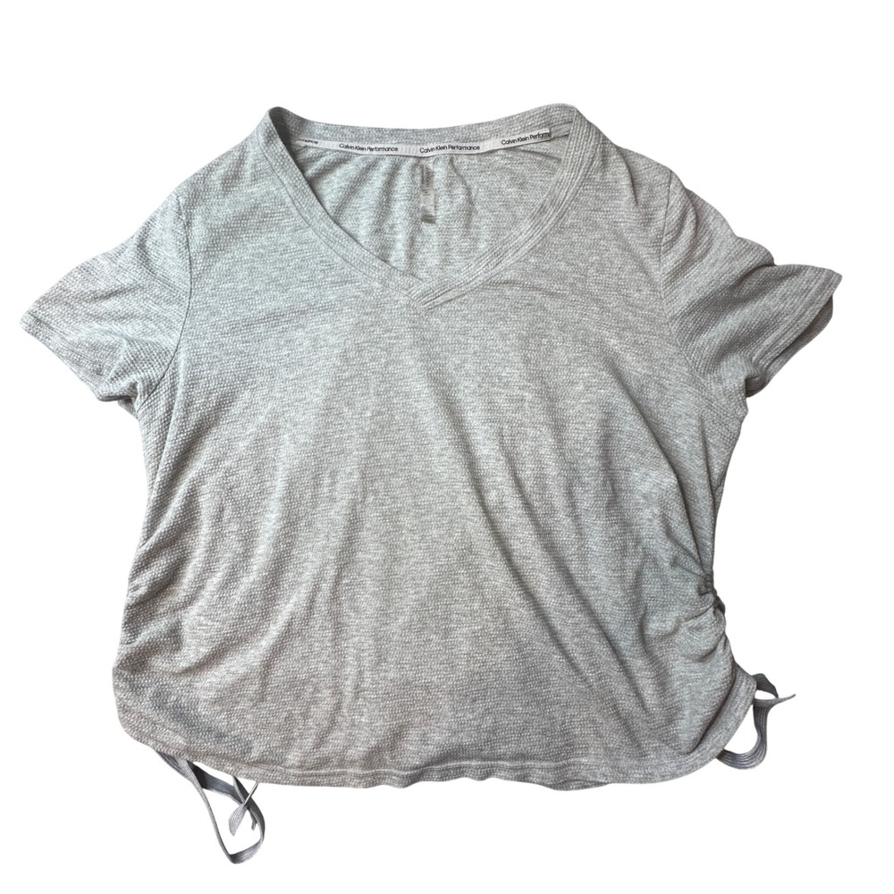 Calvin Klein Shirt Womens 2X Gray Performance V-Neck Side Cinch Waffle Knit Top